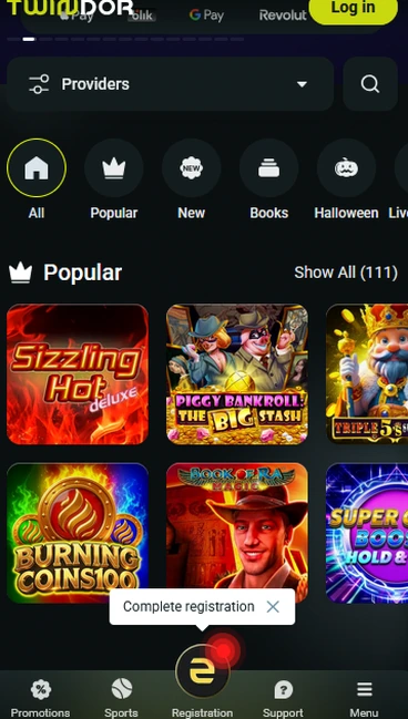 Twindor Casino mobil: Spielekategorien, beliebte Slots und untere Navigationsleiste auf dem Smartphone