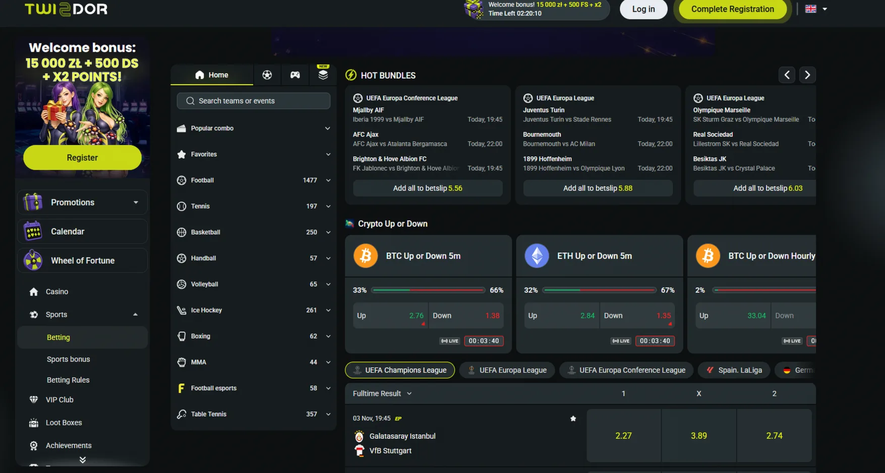 Twindor Sportwetten: Fußball, Tennis, Basketball, Hot Bundles und Crypto Up or Down